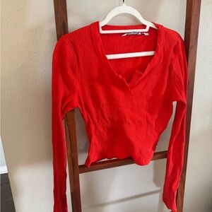Calvin Klein Jeans Red-Orange Ribbed V-Neck Blouse